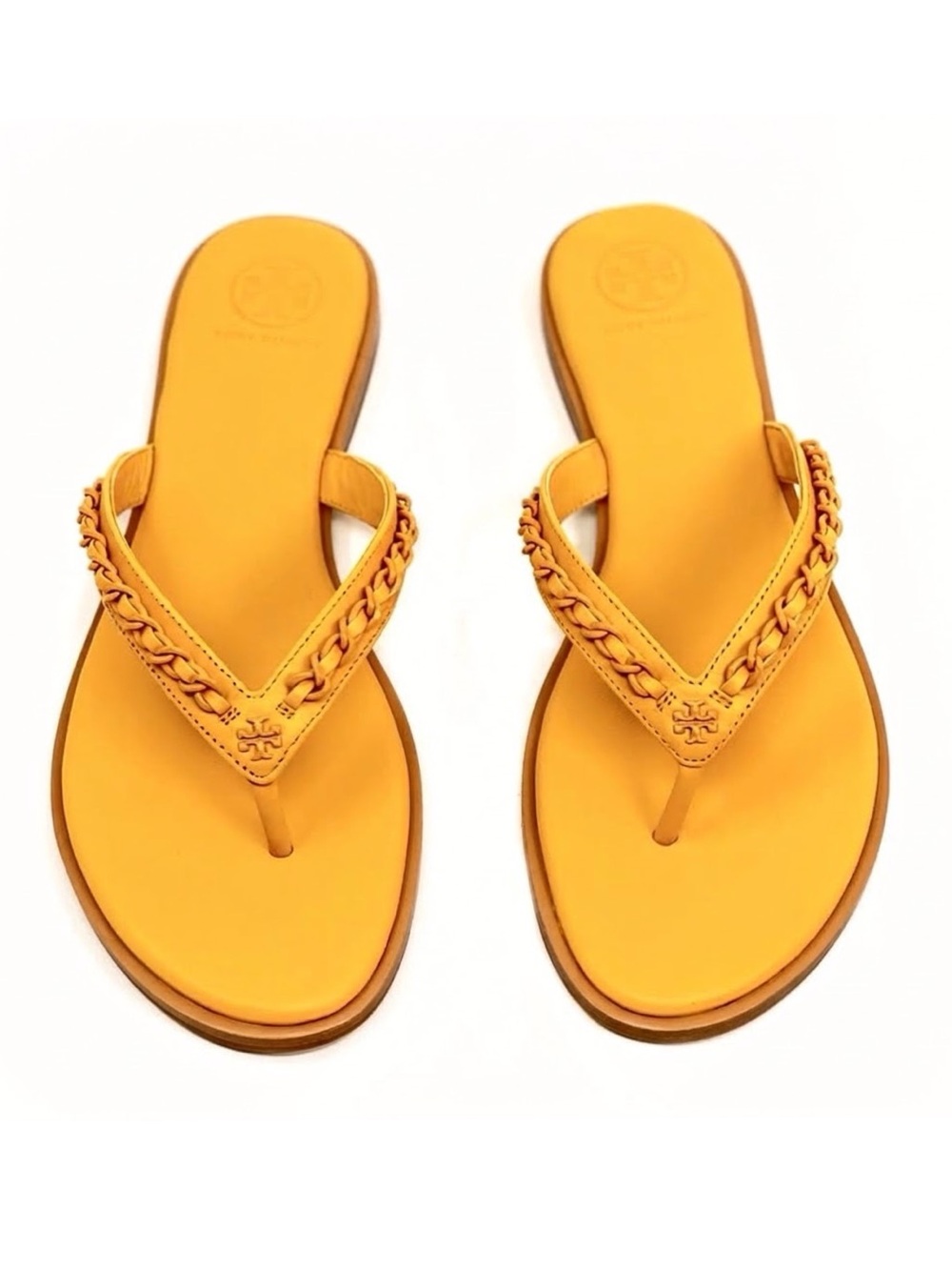 Tory Burch Everly Chain Leather Thong Sandals Light Turmeric Yellow Sz 5 NWOB